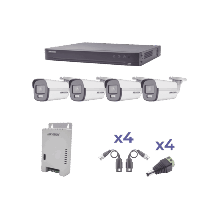 KIT COLORVU TURBOHD 1080p / DVR 4 Canales / 4 Cámaras Bala (exterior) lente 2.8mm / Fuente de poder profesional / Transceptores de video y Accesorios de corriente