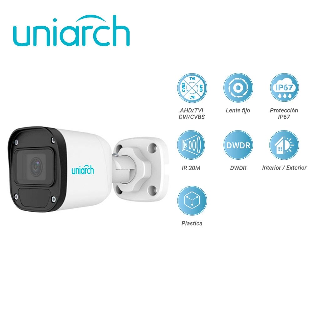 CAMARA ANALOGA BULLET UNIARCH UAC-B112-F28 / 2MP / TVI/AHD/CVI: 1080P@25fps / LENTE-2.8MM / DWDR / IR20M / INTERIOR+EXTERIOR / ADMITE-GIRO180GRADOS(HORIZONTAL+VERTICAL) / PLASTICA / IP67 / 12 VCD