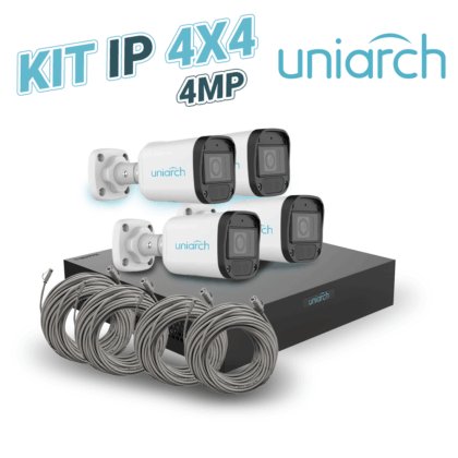 KIT 4X4 UNIARCH IP EXTERIOR BULLET 4MP INCLUYE 1 NVR POE 4PTOS + 4 CAM BULLET IP 4MP 2.8MM SLOT MICROSD + 4 CABLES PREPONCHADOS DE 18MTS