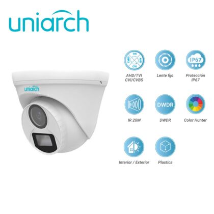 CAMARA ANALOGA TURRET COLORHUNTER UNIARCH UAC-T112-F28-W / 2MP / TVI/AHD/CVI: 1080P@30fps / LENTE-2.8MM / DWDR / IR20M / INTERIOR+EXTERIOR / ADMITE-GIRO180GRADOS(HORIZONTAL+VERTICAL) / PLASTICA / IP67 / 3-AXIS / 12 VCD