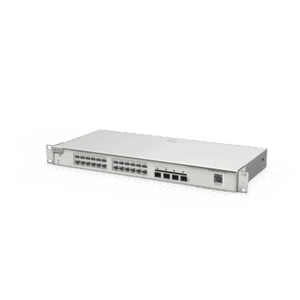 Switch Administrable Capa 2+ Plus, con 24 puertos Gigabit, 4 puertos SFP+ para fibra 10Gb, gestión gratuita desde la nube.