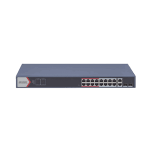 Switch PoE+ / Monitoreable / 16 puertos 10/100 Mbps PoE+ / 2 Puertos 1000 Mbps Uplink / 2 Puertos SFP de Uplink /  Configuración Nube Hik-Partner Pro / Modo Extendido hasta 300 metros / 230 W