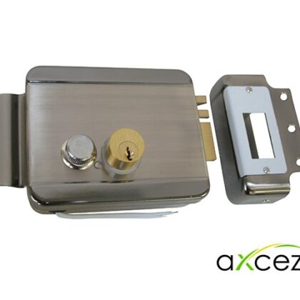 CERRADURA ELECTROMECANICA AXCEZE AX-LOCKR  ORIENTACION DERECHA INSTALACION  SOBRE PONER  APERTURA INTERNA POR BOTON FABRICADA EN ACERO