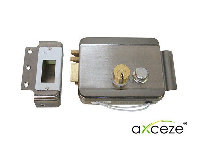 CERRADURA ELECTROMECANICA AXCEZE AX-LOCKL ORIENTACION IZQUIERDA INSTALACION SOBRE PONER APERTURA INTERNA POR BOTON FABRICADA EN ACERO