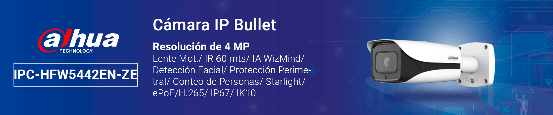 DAHUA IPC-HFW5442EN-ZE-Cámara IP Bullet Resolución de 4 MP, lente motorizado 2.7-12mm(ángulo 114°-47°)IR 60 m, IA WizMind, detección facial, protección perimetral, conteo de personas, Starlight,ePoE,WDR 140 dB, IK10, y E/S alarma/audio - Image 3