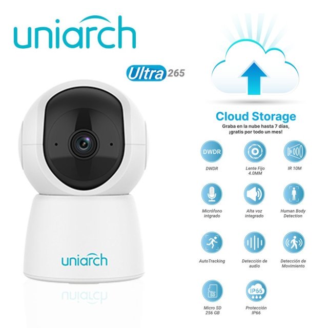 CAMARA IP MINI PT WIFI UNIARCH UHO-S2E-M3 / 3MP / ULTRA 265 / DC 5V/1A / DWDR / LENTE FIJO DE 4.0 MM / IR HASTA 10M / MICROFONO Y ALTAVOZ INTEGRADOS / HUMAN BODY DETECTION / AUTOTRACKING / DETECCION DE AUDIO / DETECCION DE MOVIMIENTO / RANURA PARA MICRO SD HASTA 256 GB / IP66