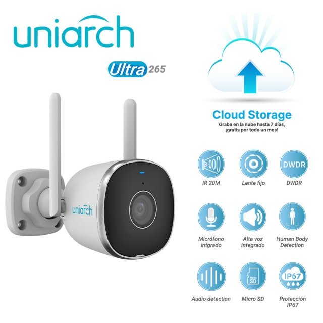 CAMARA IP BULLET WIFI 2.4 GHz CLOUD GRATUITO 7 DIAS UNIARCH UHO-B2R-M2F3 / 2MP / FULLHD / ULTRA265 / 12 VCD / DWDR / 3 AXIS / LENTE FIJO DE 2.8 MM / IR INTELIGENTE HASTA 20M / MICROFONO Y ALTAVOZ INTEGRADO / HUMAN BODY DETECTION / AUDIO DETECTION / RANURA PARA MICRO SD HASTA 128 GB / IP67 / 12VDC