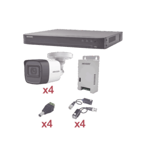 KIT TurboHD 1080p / DVR 4 Canales / 4 Cámaras Bala (exterior 2.8 mm) / Transceptores / Conectores / Fuente de Poder Profesional
