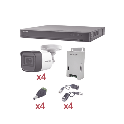 KIT TurboHD 1080p / DVR 4 Canales / 4 Cámaras Bala (exterior 2.8 mm) / Transceptores / Conectores / Fuente de Poder Profesional