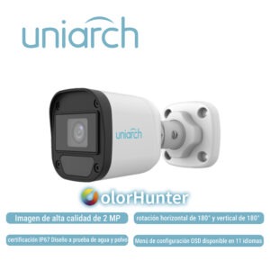 CAMARA ANALOGA BULLET COLORHUNTER UNIARCH UAC-B112-F28-W-X-H / 2MP / TVI/AHD/CVI: 1080P@30fps / LENTE-2.8MM / DWDR / IR20M / INTERIOR+EXTERIOR / LUZ BLANCA / ADMITE-GIRO180GRADOS(HORIZONTAL+VERTICAL) / PLASTICA-GRAFENO / IP67 / 12 VCD/