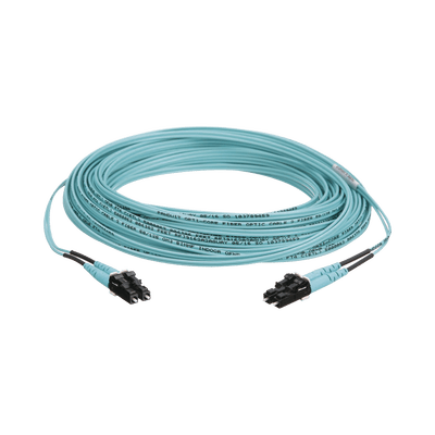 Jumper de Fibra Optica Multimodo 50/125 OM3, LC-LC Duplex, OFNR (Riser), Color Aqua, 15 Metros