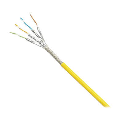 Bobina de Cable Blindado S/FTP Categoría 6A, Uso Industrial con Resistencia al Aceite, Rayos UV y Abrasión, Multifilar (Flexible), Color Amarillo, Bobina de 500m