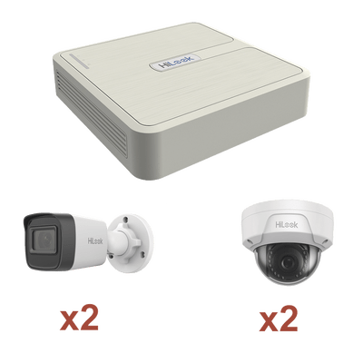Kit IP 1080p (2 Megapixel) / NVR de 4 Canales con 4 Puertos PoE / 2 Cámaras IP Bala para Exterior / 2 Cámaras IP Domo para Exterior