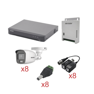 KIT TurboHD con Audio 1080p / DVR 8 Canales / 8 Cámaras Bala (exterior 2.8 mm) / Transceptores / Conectores / Fuente de Poder / AUDIO POR COAXITRON
