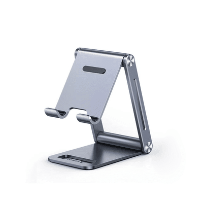 Soporte para Teléfono Celular de Aluminio | Angulo Ajustable | Amplia Compatibilidad con dispositivos de 4.7'' a 7.9'' | Antideslizante | Antiarañazos | Plegable | Color Gris.