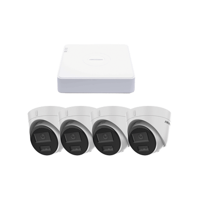 Kit IP 1080p (2 Megapixel) / NVR de 4 Canales con 4 Puertos PoE / 4 Cámaras IP Turret con Micrófono Integrado / ColorVu y ACUSENSE Lite