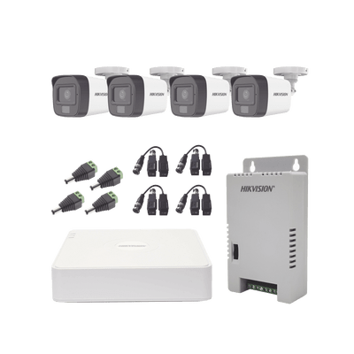Kit TURBOHD 1080p / DVR 4 Canales / 4 Cámaras con Micrófono Integrado y 101° Visión / Luz Blanca + IR Visión Nocturna / Transceptores / Conectores / Fuente de Poder Profesional Compacta