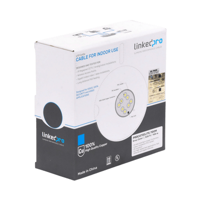 Bobina de cable de 100m, Cat5e, 24 AWG, color Gris, UL, para aplicaciones en videovigilancia, redes de datos. Uso Interior