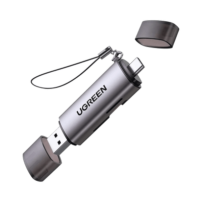 Lector de Tarjetas USB-C + USB-A a MicroSD (TF)/SD | OTG | USB-C 3.1 | 5Gbps | Soporta hasta 2TB | Soporta Windows/Mac OS/Linux/Android | Lectura de Tarjetas Simultánea | Caja de Aluminio | Llavero Anti-perdida.