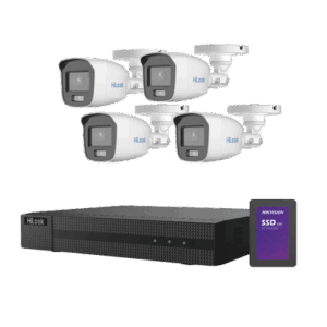 Kit TurboHD 1080p + SSD 500 GB / DVR 4 Canales / 4 Cámaras Bala ColorVu con Micrófono Integrado / Fuente de Poder / Accesorios de Instalación