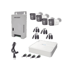 Kit HiLook Audio Bidireccional TurboHD 1080p / DVR 4 Canales / 4 Cámaras Bala (Exterior) con Bocina y Micrófono Integrado / 1 Fuente de Poder / Accesorios