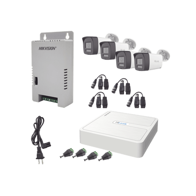 Kit HiLook Audio Bidireccional TurboHD 1080p / DVR 4 Canales / 4 Cámaras Bala (Exterior) con Bocina y Micrófono Integrado / 1 Fuente de Poder / Accesorios