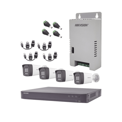 Kit Audio Bidireccional TurboHD 4K-3K / DVR 4 Canales 4K / 4 Cámaras Bala (Exterior) con Bocina y Microfóno Integrado 3K / 1 Fuentes de Poder / Accesorios