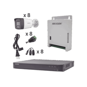 Kit Audio Bidireccional TurboHD 4K-3K / DVR 8 Canales 4K / 8 Cámaras Bala (Exterior) con Bocina y Microfóno Integrado 3K / 1 Fuentes de Poder / Accesorios