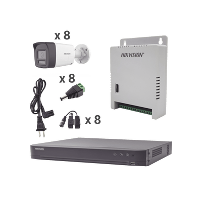 Kit Audio Bidireccional TurboHD 4K-3K / DVR 8 Canales 4K / 8 Cámaras Bala (Exterior) con Bocina y Microfóno Integrado 3K / 1 Fuentes de Poder / Accesorios