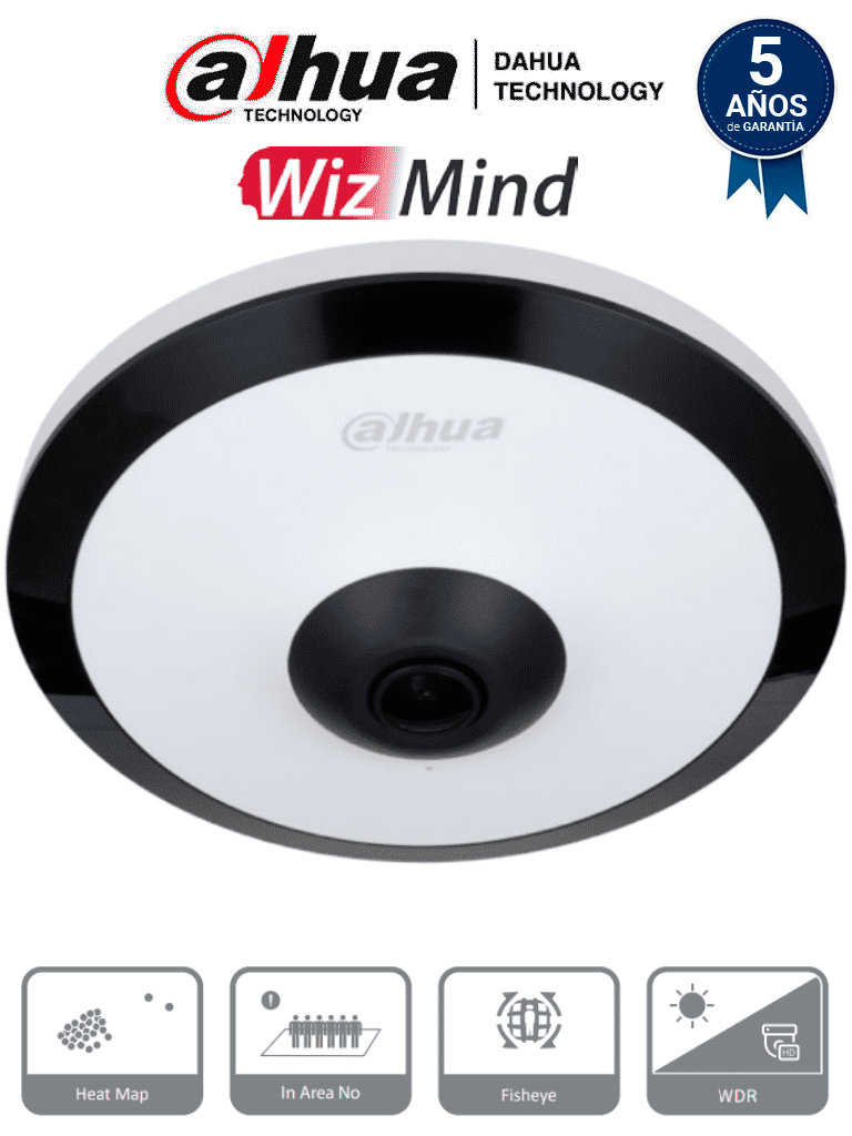 DAHUA IPC-EW5541N-AS - Cámara IP FishEye de 5 MP/WinzMind/ IR de 10 Mts/H.265+/ PoE/ WDR Real/ Micrófono Integrado/ Heat Map/ Detección Inteligente/ Ranura para MicroSD/E&S de Alarma/E&S de Audio/ 3D DNR, HLC, BLC/Interior