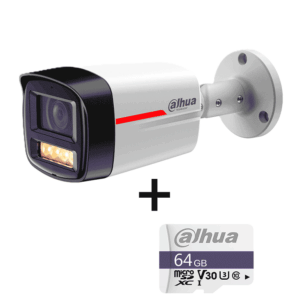 DAHUA PAQUETE Cámara IP DH-IPC-HFW2249TLP-S-LED-0280B-PRO- Cámara IP Bullet de 2MP / WizColor/ WizSense/ SMD Plus/ Protección Perimetral/ Detección de movimiento inteligente/ Lente 2.8mm/ Luz Cálida 50m/ Micrófono + Micro SD IP67/DHI-TF-C100/64GB