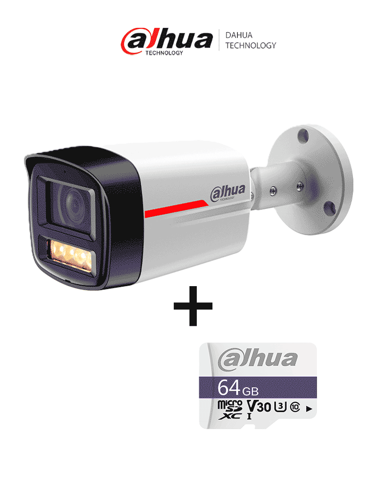 DAHUA PAQUETE Cámara IP DH-IPC-HFW2249TLP-S-LED-0280B-PRO- Cámara IP Bullet de 2MP / WizColor/ WizSense/ SMD Plus/ Protección Perimetral/ Detección de movimiento inteligente/ Lente 2.8mm/ Luz Cálida 50m/ Micrófono + Micro SD IP67/DHI-TF-C100/64GB