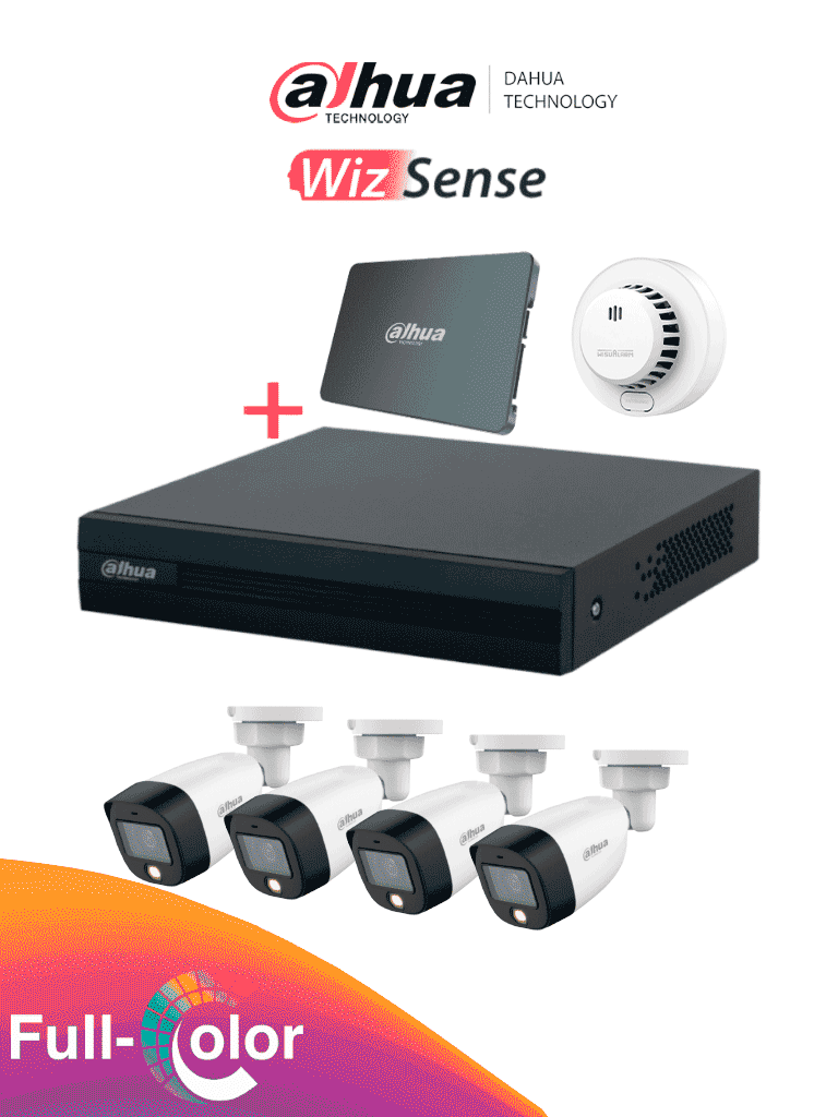 DAHUA PAQ-DH-KIT/XVR1B04-I-SSD(512G)/4-H-DHI-HY-SA13A – Kit FullColor de 4 Canales con SSD de 512GB/ 4 Camaras Full Color de 2 Megapixeles con Microfono/ Regalo Detector de Humo Stand Alone DHI-HY-SA13A