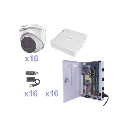 KIT TurboHD 1080p Lite / DVR 16 Canales / 16 Cámaras Eyeball  Exterior ( 2.8mm) / Transceptores / Conectores / Fuente de Poder Profesional