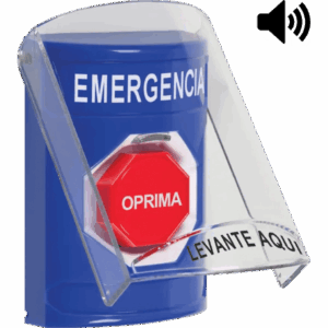 ​Botón Multipropósito, Color Azul, De Superficie, Con Tapa De Policarbonato, Con Bocina Pre Alarma, Solo Interior, Llave Para Restablecer, Texto De Emergencia, Español