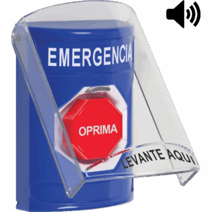 ​Botón Multipropósito, Color Azul, De Superficie, Con Tapa De Policarbonato, Con Bocina Pre Alarma, Solo Interior, Llave Para Restablecer, Texto De Emergencia, Español