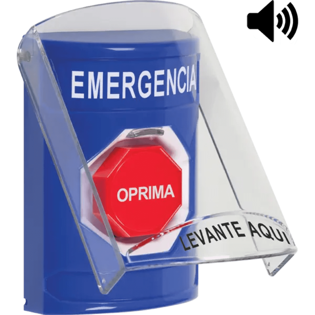 Botón Multipropósito, Color Azul, De Superficie, Con Tapa De Policarbonato, Con Bocina Pre Alarma, Solo Interior, Llave Para Restablecer, Texto De Emergencia, Español