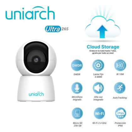 CAMARA IP MINI PT UNIARCH UHO-S2E / 2MP / ULTRA 265 / 5 VCC / DWDR / LENTE FIJO DE 3.6 MM / IR HASTA 10 M / MICROFONO Y ALTAVOZ INTEGRADO / HUMAN BODY DETECTION / AUTOTRACKING / RANURA PARA MICRO SD HASTA 256 GB / /WIFI 2.4 GHZ / IP66
