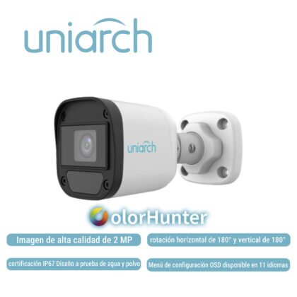 CAMARA ANALOGA BULLET COLORHUNTER UNIARCH UAC-B112-F28-W-X-H / 2MP / TVI/AHD/CVI: 1080P@30fps / LENTE-2.8MM / DWDR / IR20M / INTERIOR+EXTERIOR / LUZ BLANCA / ADMITE-GIRO180GRADOS(HORIZONTAL+VERTICAL) / PLASTICA-GRAFENO / IP67 / 12 VCD/