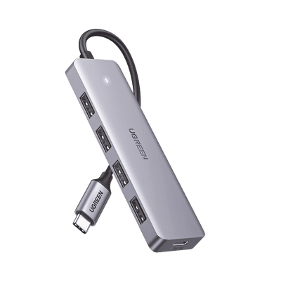 HUB USB-C 3.0 4 EN 1 | 4 Puertos USB-A (5Gbps) | Carcasa ABS + PC | Soporta OTG | Luz Indicadora LED | Compatible con iPhone 15 Pro MAX) | Interfaz Niquelada | Color Gris Metalizado | Cable de 15cm.