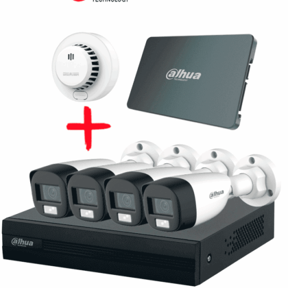 DAHUA PAQ-DH-XVR1B04-I/DH-HAC-HFW1200CLN-DHI-HY-SA13A - Kit Iluminación Dual de 4 Canales con SSD de 512GB/ 4 Camaras IL de 2 Megapixeles con Microfono/ Regalo Detector de Humo Stand Alone DHI-HY-SA13A