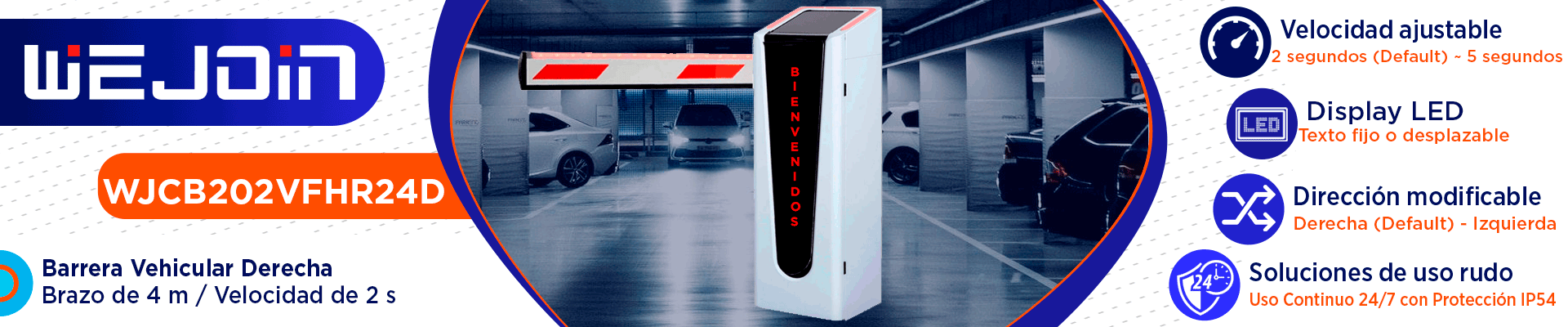 WEJOIN WJCB202VFHR24D - Barrera Vehicular Derecha Izquierda Con Led y Display para Texto Configurable / Motor 24 VDC / Alto flujo / Brazo Rectangular de 4 Metros / Velocidad 2 Segundos / Dirección Ajustable - Image 2