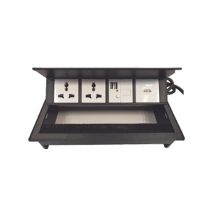 Caja Horizontal tipo Hub para escritorio color negro, con 1 Puerto HDMI Hembra-Hembra, 1 puerto RJ45 Cat6,  2 Puertos USB (Solo carga),  y 2 Contactos eléctricos universales