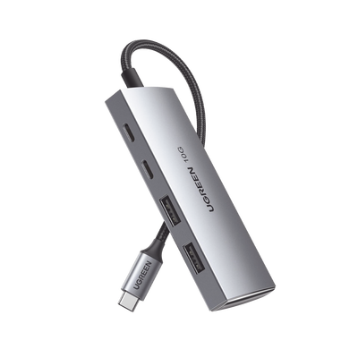 HUB USB-C 3.2 4 en 1 | 2 Puertos USB-C 3.2 (10 Gbps) | 2 Puertos USB-A 3.2 (10 Gbps) |  Admite OTG | Compatible con MacBook, Chormebook, iMac, iPad Pro, iOS, Windows, Mac OS, Android | Carcasa de Aluminio | Nylon Trenzado.