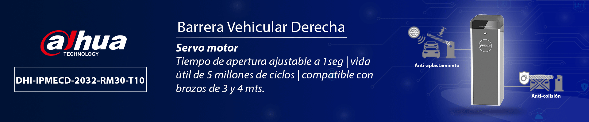 Dahua DHI-IPMECD-2032-RM30 Barrera Vehicular Derecha: Servo motor con tiempo de apertura ajustable a 1s, vida útil de 5 millones de ciclos, compatible con radar/sensor de masa. Soporta brazos Dahua de 3 y 4 mts (no incluidos). - Image 3