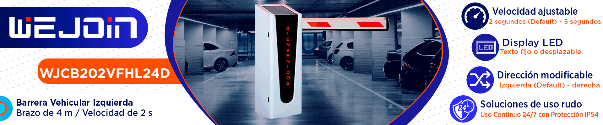 WEJOIN WJCB202VFHL24D - Barrera Vehicular Izquierda Con Led y Display para Texto Configurable / Motor 24 VDC / Alto flujo / Brazo Rectangular de 4 Metros / Velocidad 2 Segundos / Dirección Ajustable - Image 2
