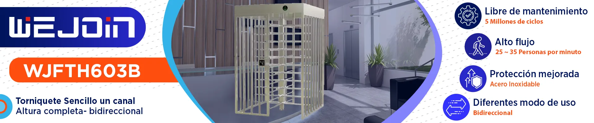 WEJOIN WJFTH603B - Torniquete Sencillo de Cuerpo Completo Bidireccional en Acero 304 Inoxidable para Exterior 5 Millones de Ciclos pase 25-35 Personas por Minuto Compatible con Controles de Acceso - Image 2