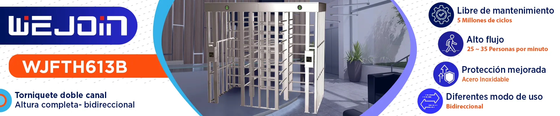 WEJOIN WJFTH613B - Torniquete de Doble Carril de Cuerpo Completo Bidireccional en Acero 304 Inoxidable IP68 para Exterior 5 Millones de Ciclos pase 25-35 Personas por Minuto Compatible con Controles de Acceso - Image 2