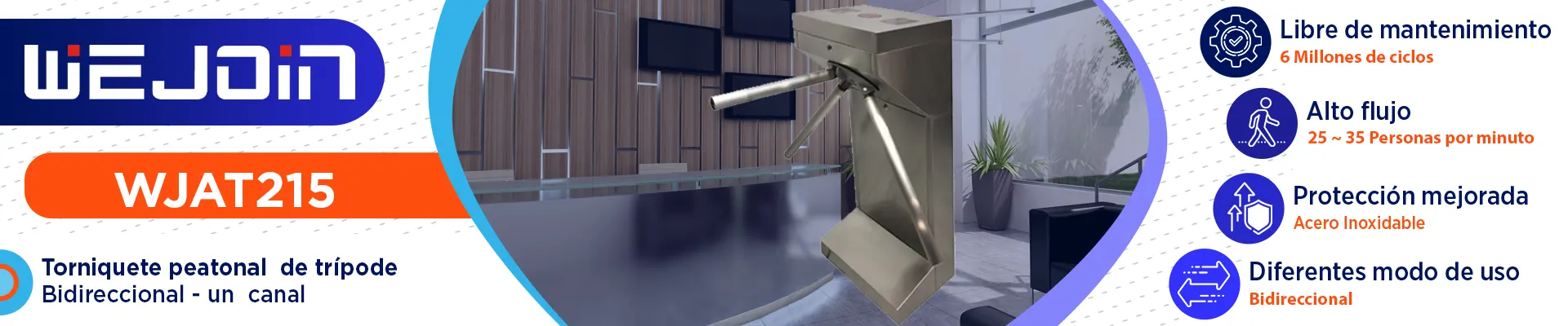 WEJOIN WJAT215 - Torniquete Bidireccional 6 Millones de Ciclos para Alto Flujo en Acero Inoxidable con Indicador LED Pase Exterior Protegido pase 25 - 35 Personas por Minuto Compatible con Cualquier Control de Acceso - Image 5