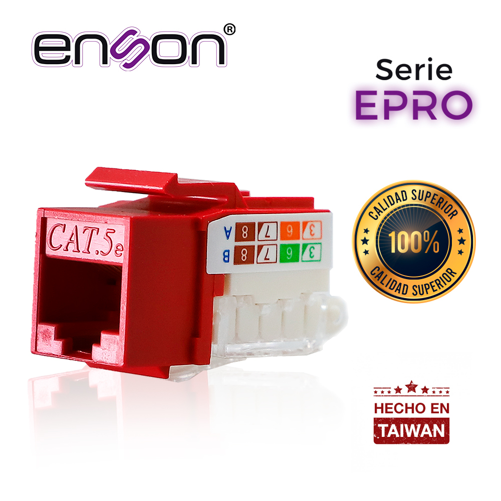 CONECTOR MODULAR JACK RJ45 ENSON EPRO-TLJACK5E-RD SERIE PRO TERMINADO SIN PINZAS, POSICION VERTICAL CAT5E COLOR ROJO COMPATIBLE CON PLACAS ENSON EPRO-FP
